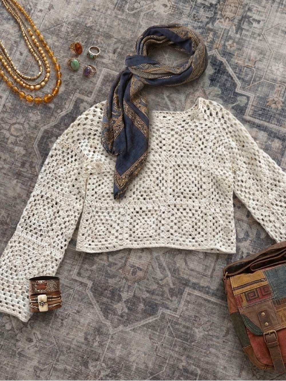 Dreamers by Debut Y2K Granny Square Crochet Crop 70s Pattern Knit Sweater